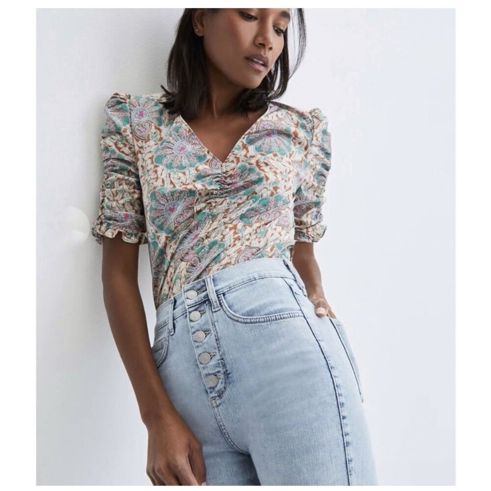 Veronica Beard Paisley Henrieta Ruched Half Sleeve Blouse Top Womens 4 NWT